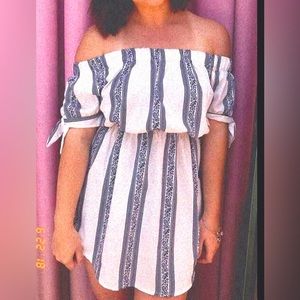 off the shoulder blue and white summer dress